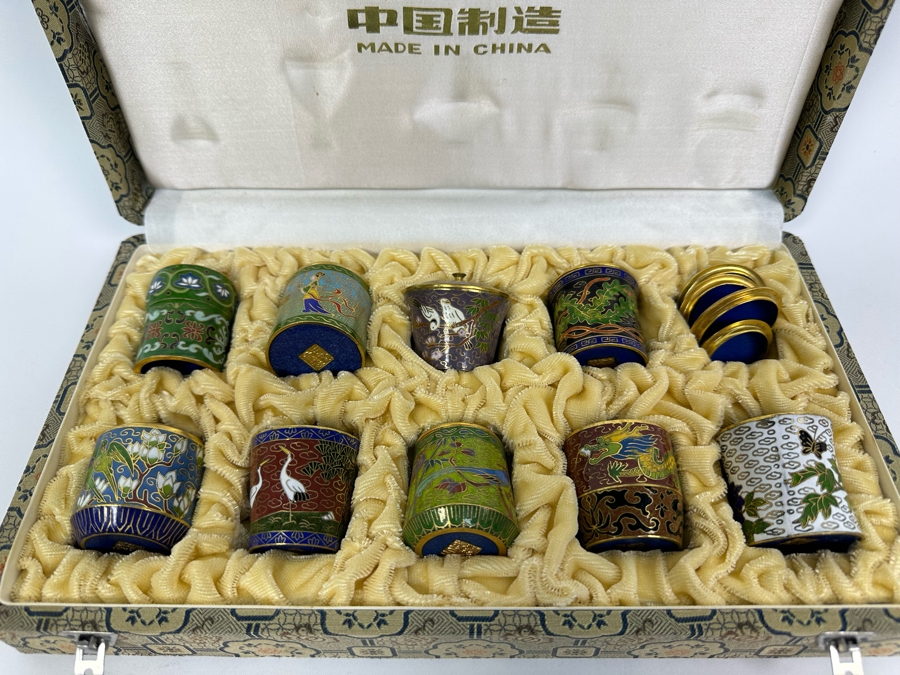 Collection Of Chinese Miniature Lidded Cloisonne Jars With Box