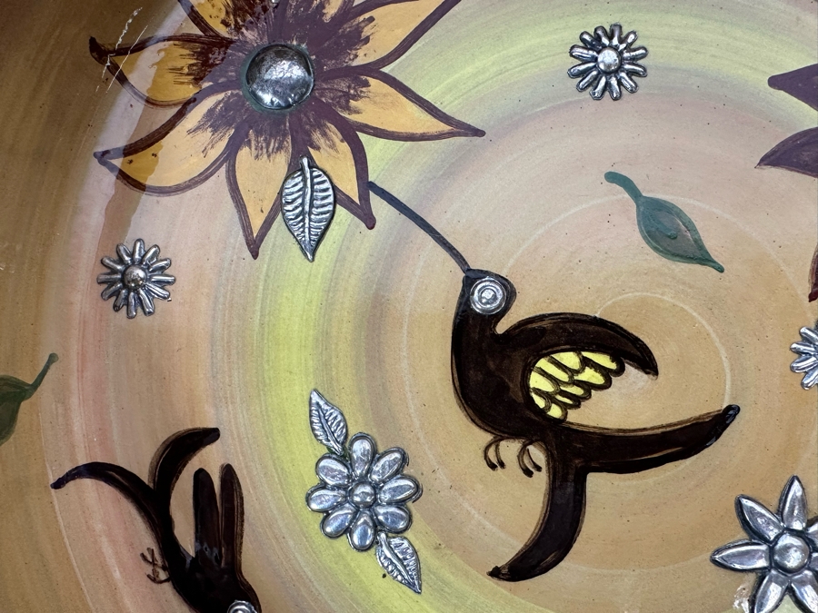Handmade Signed Seminario Cusco Peru Pottery Bowl With Hummingbirds And Metal Decorations 11.5R [Photo 8]
