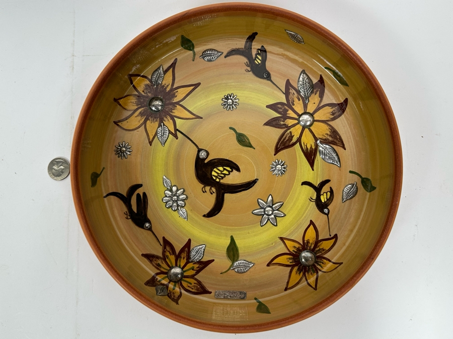 Handmade Signed Seminario Cusco Peru Pottery Bowl With Hummingbirds And Metal Decorations 11.5R [Photo 2]