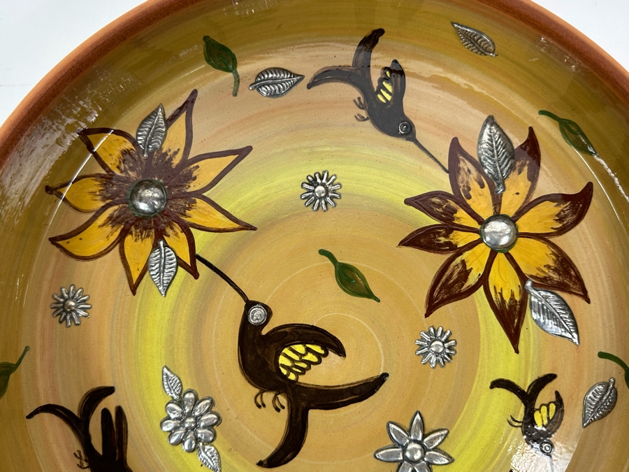 Handmade Signed Seminario Cusco Peru Pottery Bowl With Hummingbirds And Metal Decorations 11.5R [Photo 7]