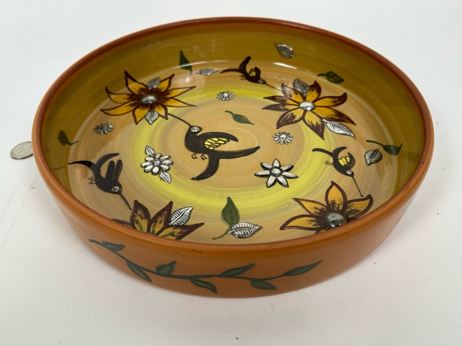 Handmade Signed Seminario Cusco Peru Pottery Bowl With Hummingbirds And Metal Decorations 11.5R [Photo 9]