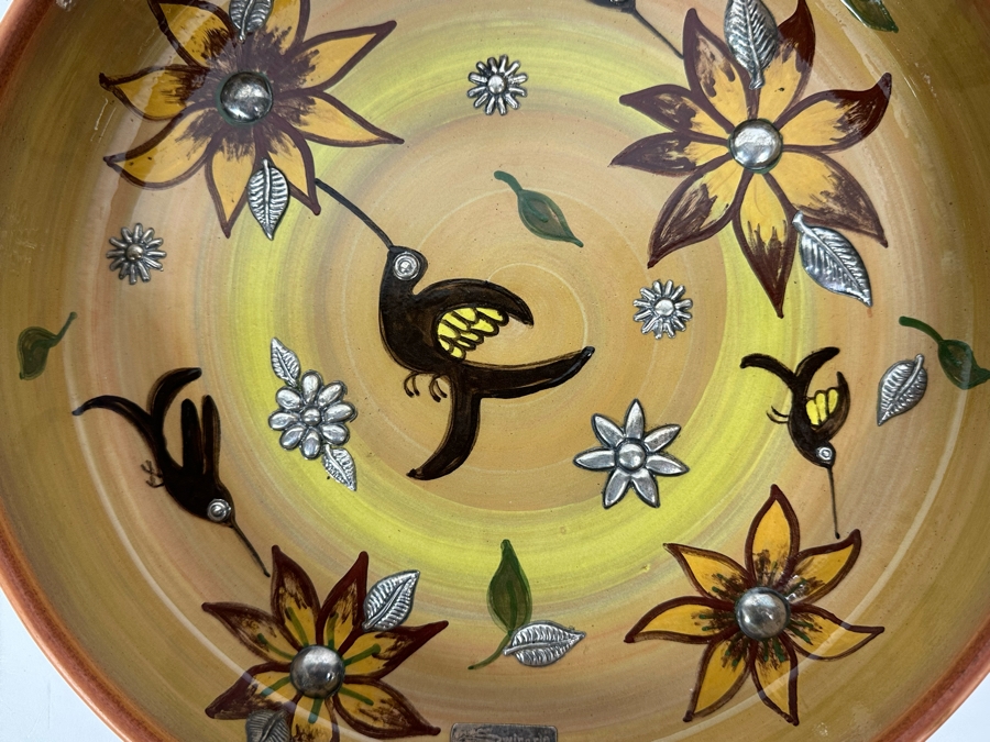 Handmade Signed Seminario Cusco Peru Pottery Bowl With Hummingbirds And Metal Decorations 11.5R [Photo 6]