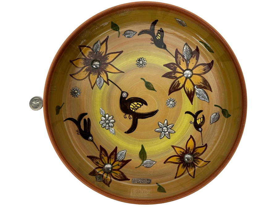 Handmade Signed Seminario Cusco Peru Pottery Bowl With Hummingbirds And Metal Decorations 11.5R