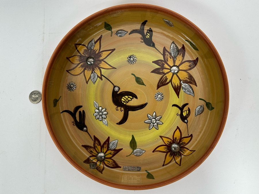 Handmade Signed Seminario Cusco Peru Pottery Bowl With Hummingbirds And Metal Decorations 11.5R [Photo 3]