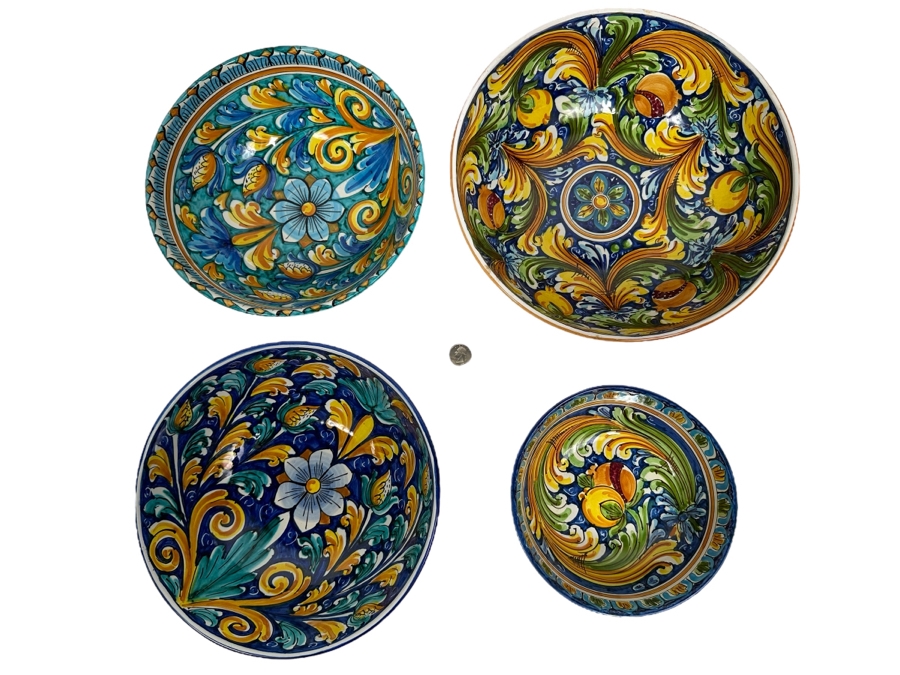 (4) S. Gurreri Caltagirone Signed Italy Stoneware Bowls Hand-Painted 8R To 12R