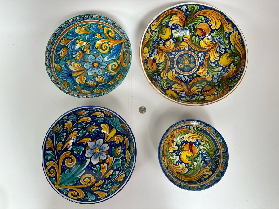 (4) S. Gurreri Caltagirone Signed Italy Stoneware Bowls Hand-Painted 8R To 12R [Photo 3]