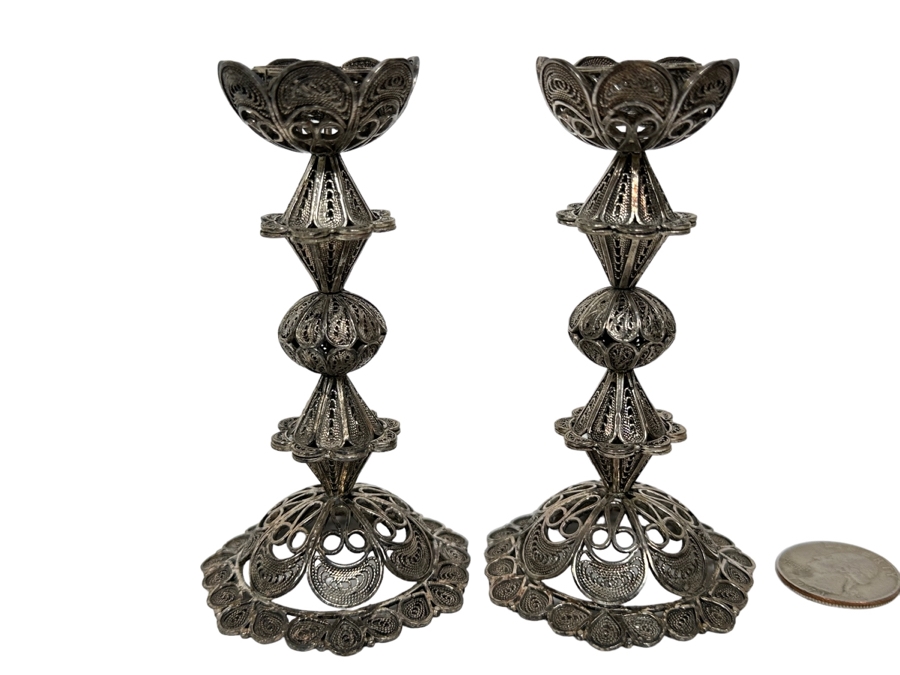 Pair Of Sterling Silver Filigree Signed Candlesticks From Israel 4H 123g [Photo 1]