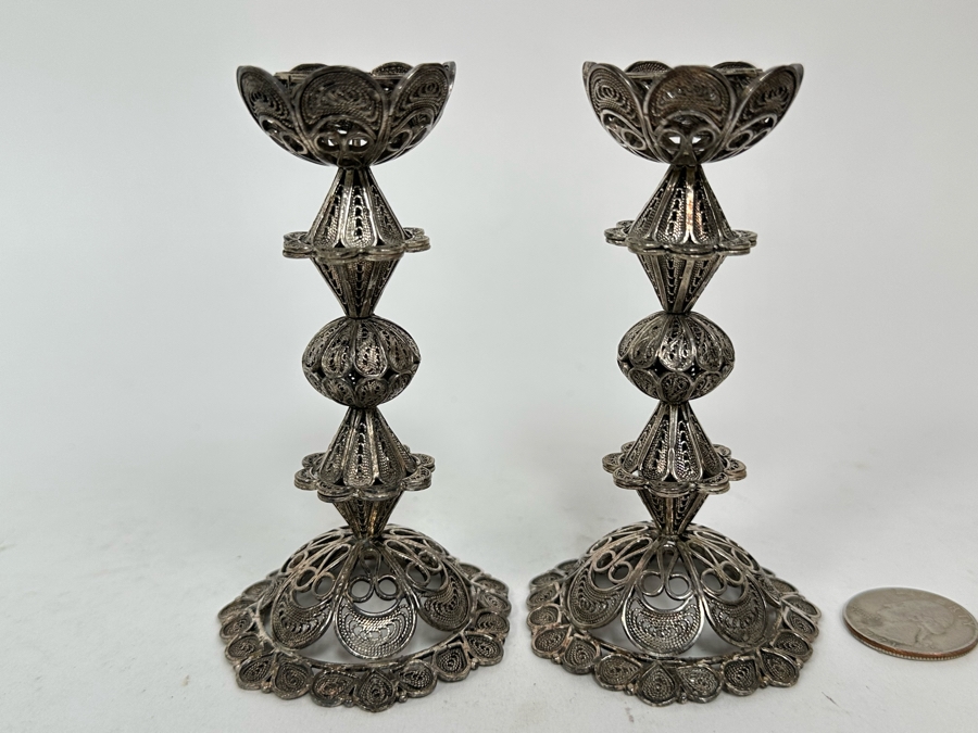 Pair Of Sterling Silver Filigree Signed Candlesticks From Israel 4H 123g [Photo 2]