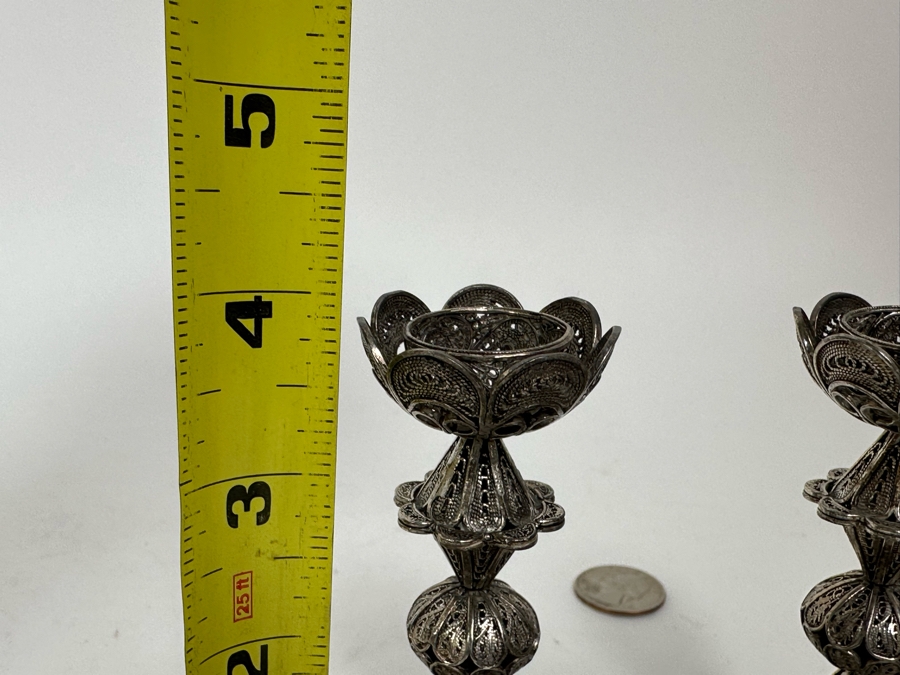 Pair Of Sterling Silver Filigree Signed Candlesticks From Israel 4H 123g [Photo 8]