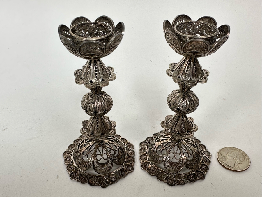 Pair Of Sterling Silver Filigree Signed Candlesticks From Israel 4H 123g [Photo 5]