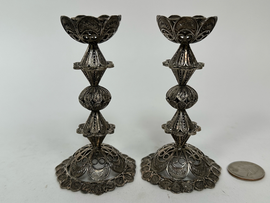 Pair Of Sterling Silver Filigree Signed Candlesticks From Israel 4H 123g [Photo 3]