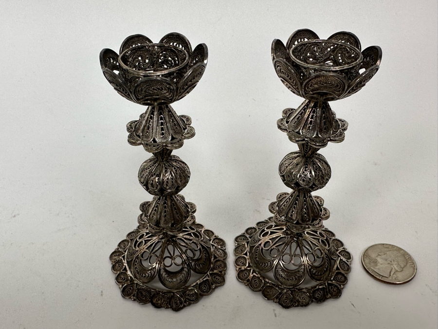 Pair Of Sterling Silver Filigree Signed Candlesticks From Israel 4H 123g [Photo 4]