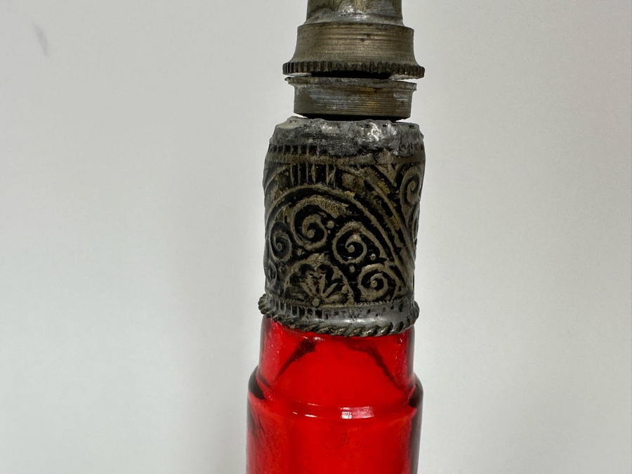 Antique Moorish Moroccan Glass Perfume Bottle With Embossed Metal Overlay 10H [Photo 7]