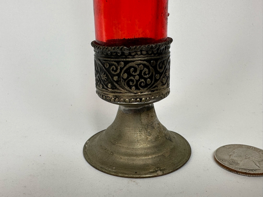 Antique Moorish Moroccan Glass Perfume Bottle With Embossed Metal Overlay 10H [Photo 4]