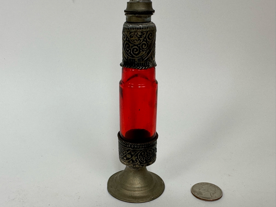 Antique Moorish Moroccan Glass Perfume Bottle With Embossed Metal Overlay 10H [Photo 9]