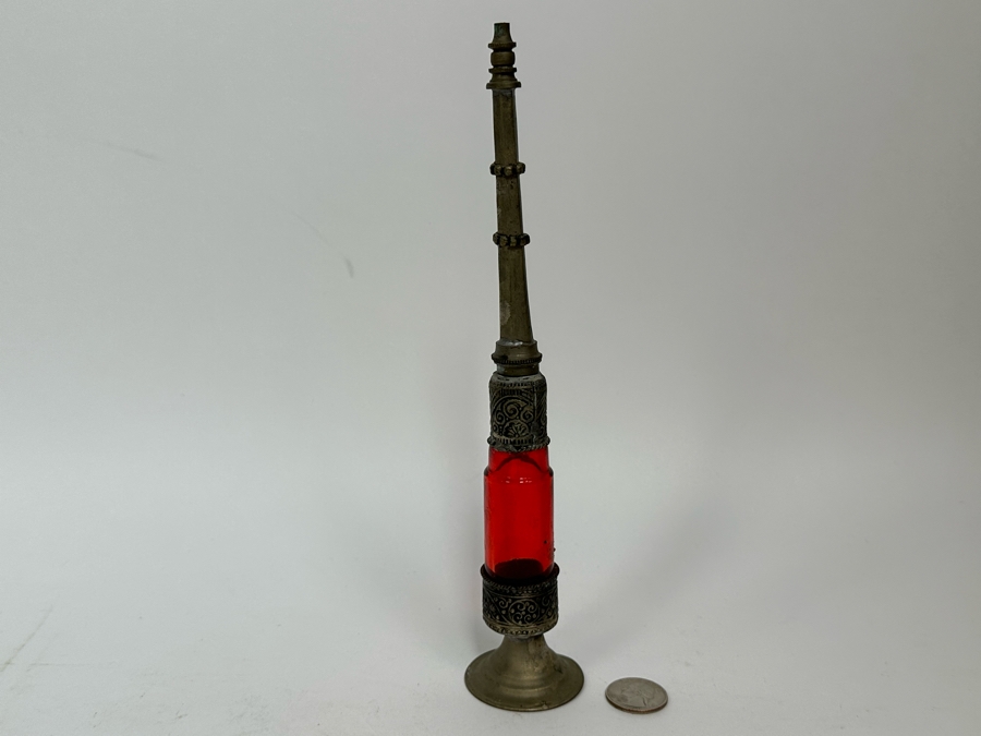 Antique Moorish Moroccan Glass Perfume Bottle With Embossed Metal Overlay 10H [Photo 3]