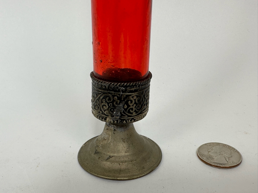 Antique Moorish Moroccan Glass Perfume Bottle With Embossed Metal Overlay 10H [Photo 8]