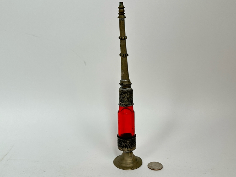 Antique Moorish Moroccan Glass Perfume Bottle With Embossed Metal Overlay 10H [Photo 2]