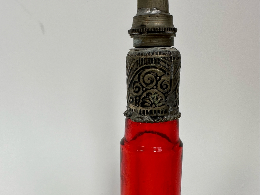 Antique Moorish Moroccan Glass Perfume Bottle With Embossed Metal Overlay 10H [Photo 5]