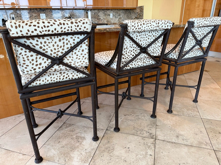 (3) Designer Wrought Iron Swivel Animal Hide Bar Stools 20W X 22D X 39.5H (Seat Height 28H) [Photo 4]