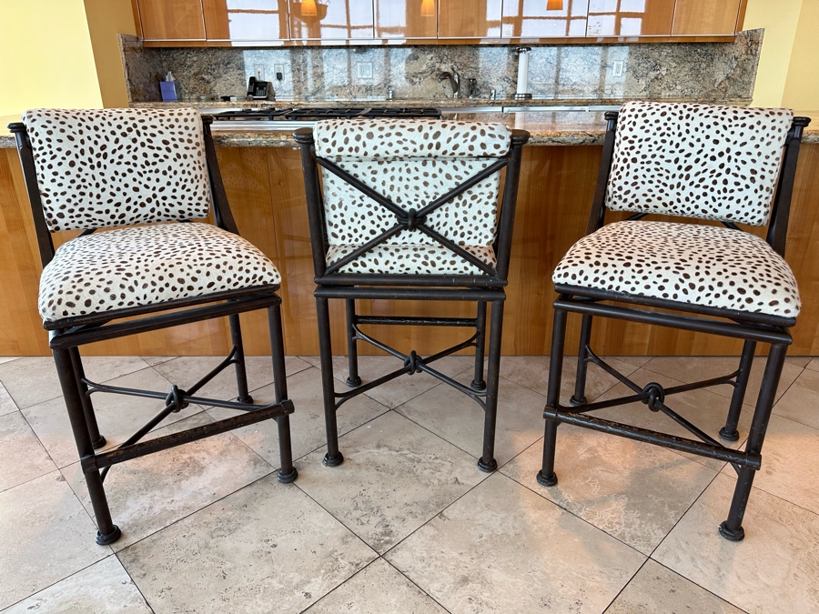 (3) Designer Wrought Iron Swivel Animal Hide Bar Stools 20W X 22D X 39.5H (Seat Height 28H) [Photo 2]