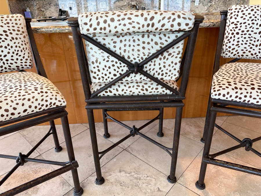 (3) Designer Wrought Iron Swivel Animal Hide Bar Stools 20W X 22D X 39.5H (Seat Height 28H) [Photo 5]