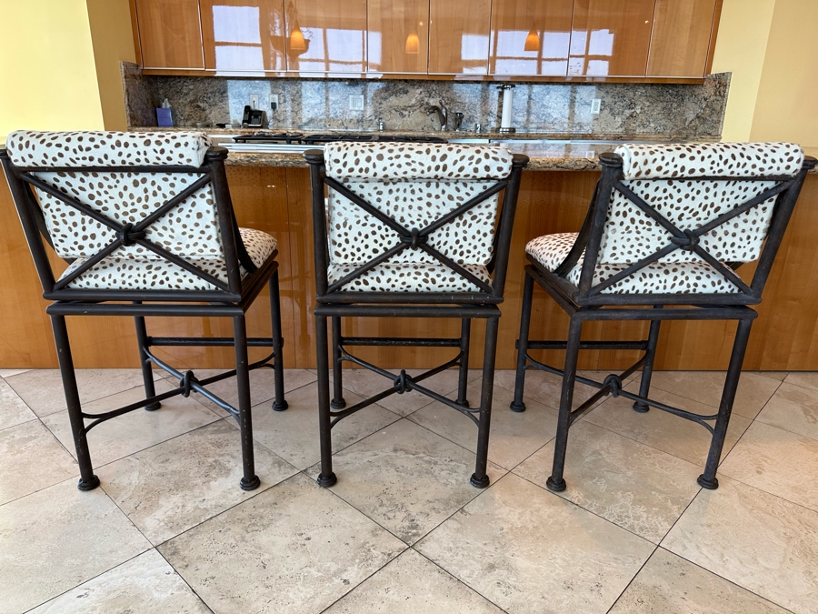 (3) Designer Wrought Iron Swivel Animal Hide Bar Stools 20W X 22D X 39.5H (Seat Height 28H) [Photo 8]