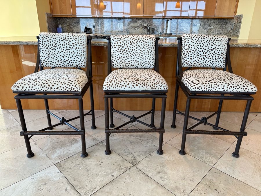 (3) Designer Wrought Iron Swivel Animal Hide Bar Stools 20W X 22D X 39.5H (Seat Height 28H) [Photo 9]