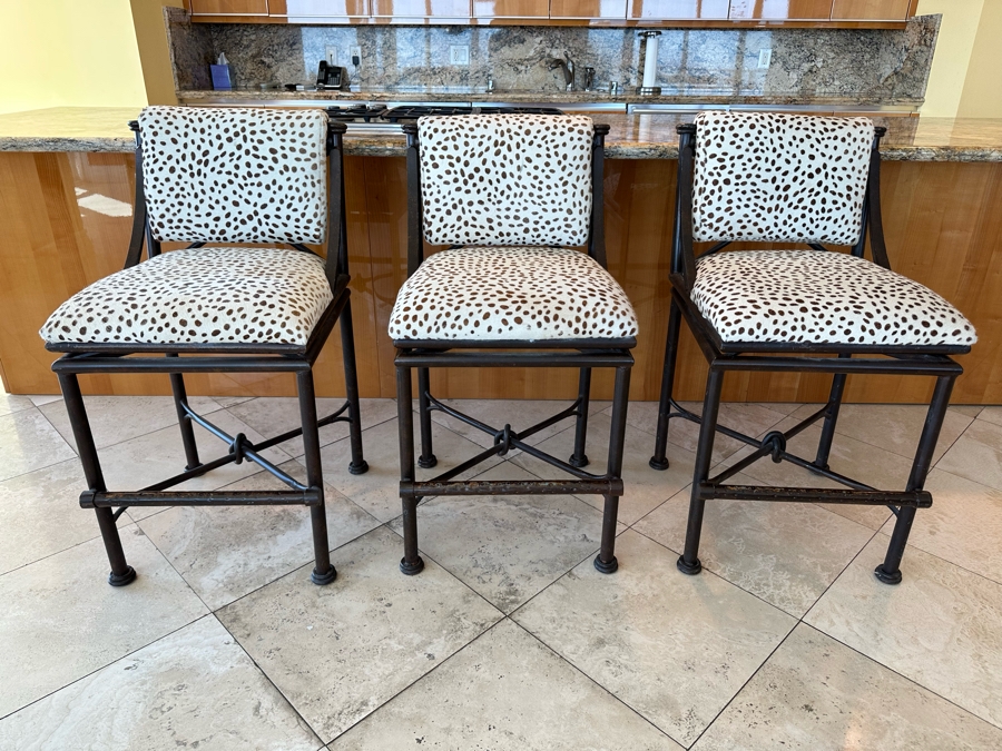 (3) Designer Wrought Iron Swivel Animal Hide Bar Stools 20W X 22D X 39.5H (Seat Height 28H) [Photo 3]