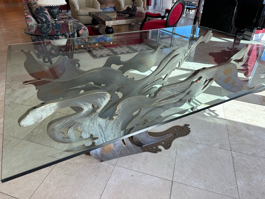 Custom Made Metal Sculptural Dining Table Base In Form Of A Wave With Glass Top (Could Be Used Outdoors As A Garden Sculpture) 60 X 90 - See Photos [Photo 22]