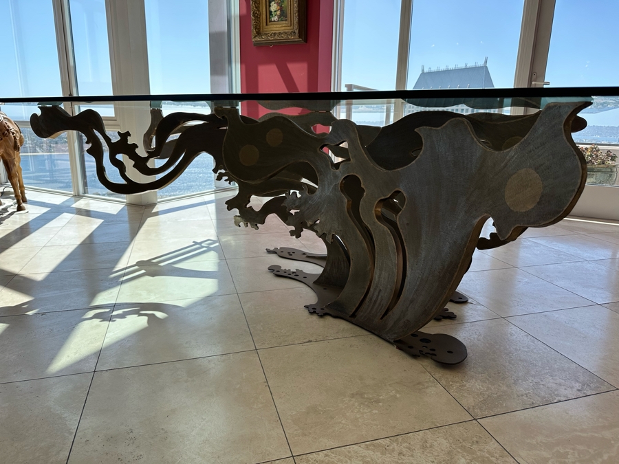 Custom Made Metal Sculptural Dining Table Base In Form Of A Wave With Glass Top (Could Be Used Outdoors As A Garden Sculpture) 60 X 90 - See Photos [Photo 18]