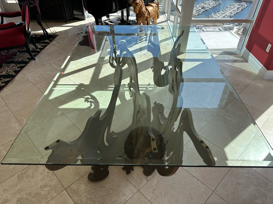 Custom Made Metal Sculptural Dining Table Base In Form Of A Wave With Glass Top (Could Be Used Outdoors As A Garden Sculpture) 60 X 90 - See Photos [Photo 25]