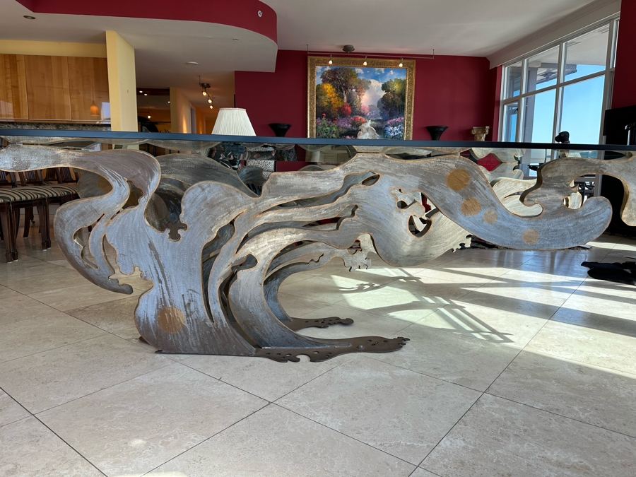 Custom Made Metal Sculptural Dining Table Base In Form Of A Wave With Glass Top (Could Be Used Outdoors As A Garden Sculpture) 60 X 90 - See Photos [Photo 5]