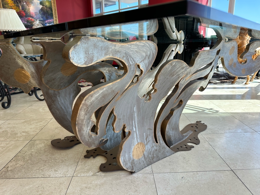 Custom Made Metal Sculptural Dining Table Base In Form Of A Wave With Glass Top (Could Be Used Outdoors As A Garden Sculpture) 60 X 90 - See Photos [Photo 15]