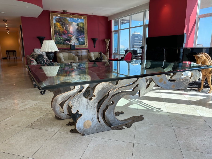 Custom Made Metal Sculptural Dining Table Base In Form Of A Wave With Glass Top (Could Be Used Outdoors As A Garden Sculpture) 60 X 90 - See Photos [Photo 21]