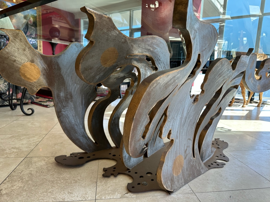 Custom Made Metal Sculptural Dining Table Base In Form Of A Wave With Glass Top (Could Be Used Outdoors As A Garden Sculpture) 60 X 90 - See Photos [Photo 17]