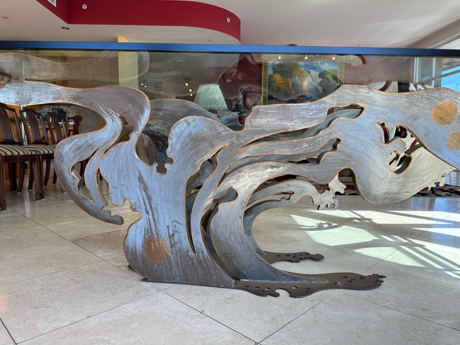Custom Made Metal Sculptural Dining Table Base In Form Of A Wave With Glass Top (Could Be Used Outdoors As A Garden Sculpture) 60 X 90 - See Photos [Photo 8]
