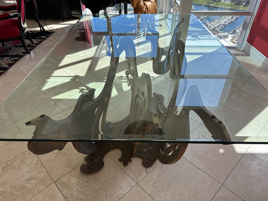 Custom Made Metal Sculptural Dining Table Base In Form Of A Wave With Glass Top (Could Be Used Outdoors As A Garden Sculpture) 60 X 90 - See Photos [Photo 26]