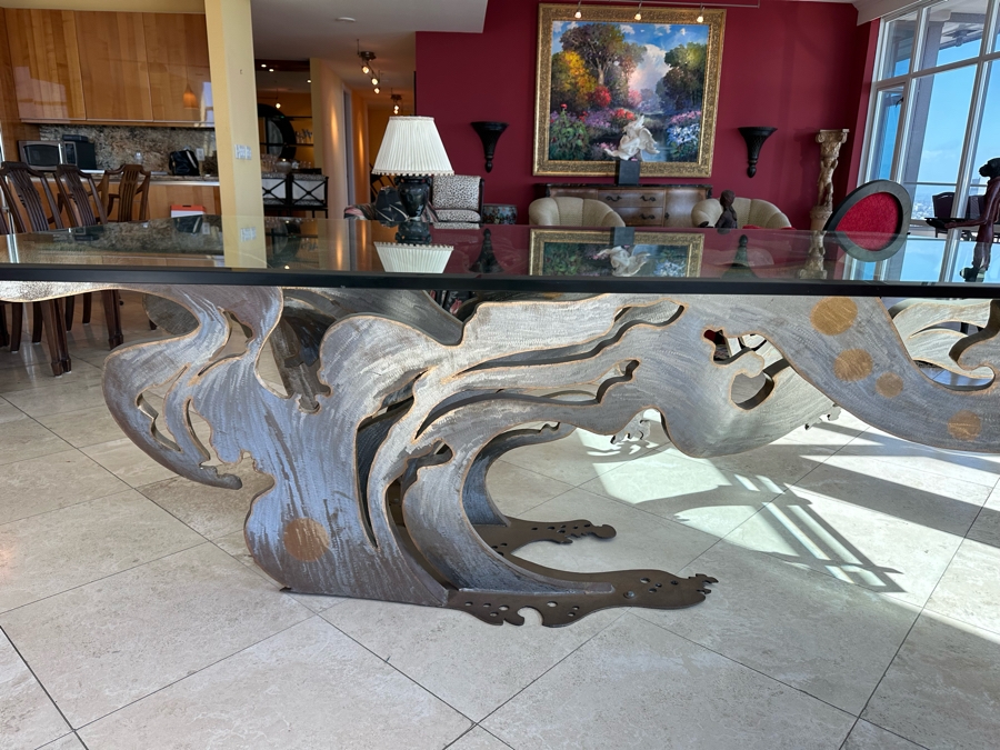 Custom Made Metal Sculptural Dining Table Base In Form Of A Wave With Glass Top (Could Be Used Outdoors As A Garden Sculpture) 60 X 90 - See Photos [Photo 3]