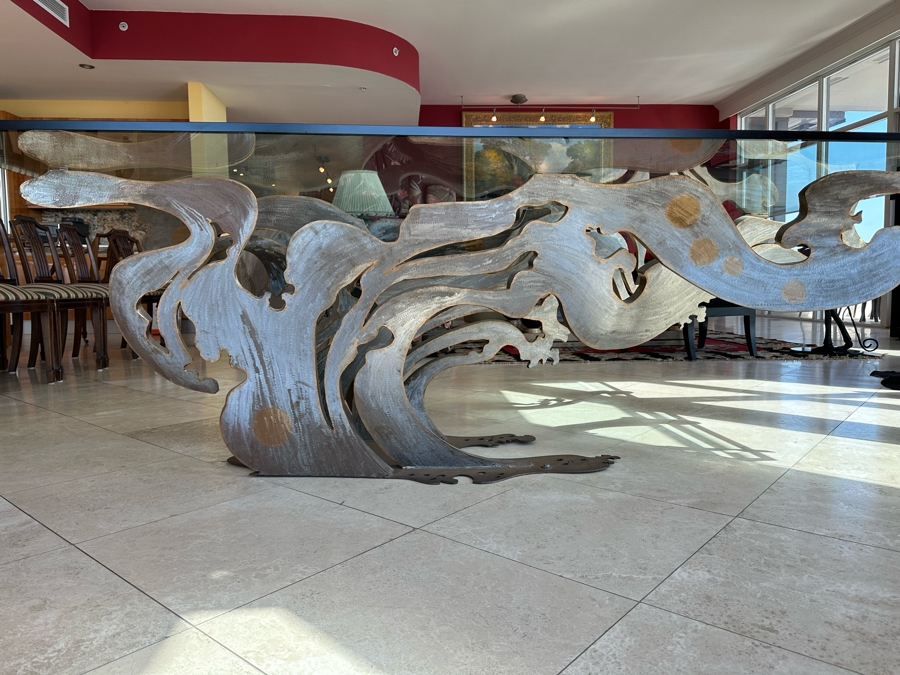 Custom Made Metal Sculptural Dining Table Base In Form Of A Wave With Glass Top (Could Be Used Outdoors As A Garden Sculpture) 60 X 90 - See Photos [Photo 6]