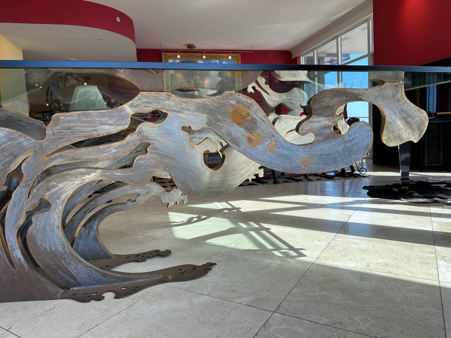 Custom Made Metal Sculptural Dining Table Base In Form Of A Wave With Glass Top (Could Be Used Outdoors As A Garden Sculpture) 60 X 90 - See Photos [Photo 9]
