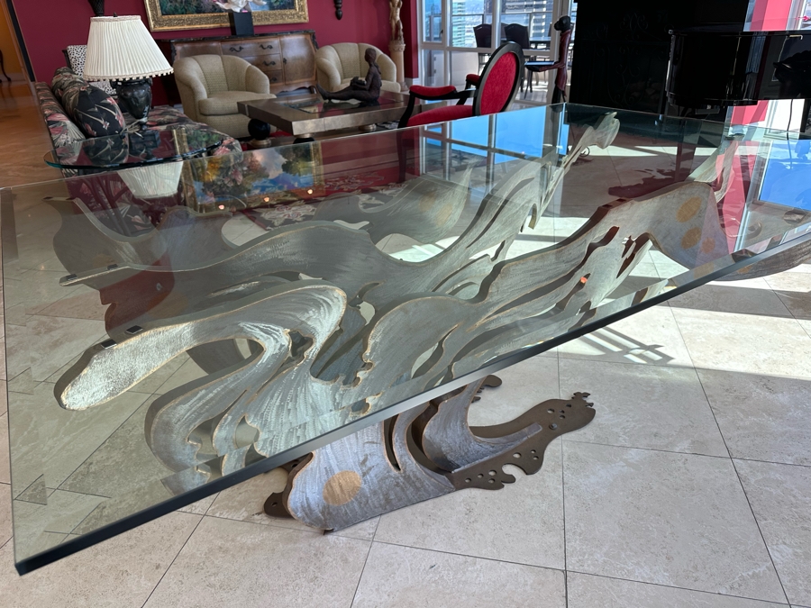 Custom Made Metal Sculptural Dining Table Base In Form Of A Wave With Glass Top (Could Be Used Outdoors As A Garden Sculpture) 60 X 90 - See Photos [Photo 23]