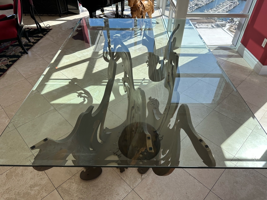 Custom Made Metal Sculptural Dining Table Base In Form Of A Wave With Glass Top (Could Be Used Outdoors As A Garden Sculpture) 60 X 90 - See Photos [Photo 24]