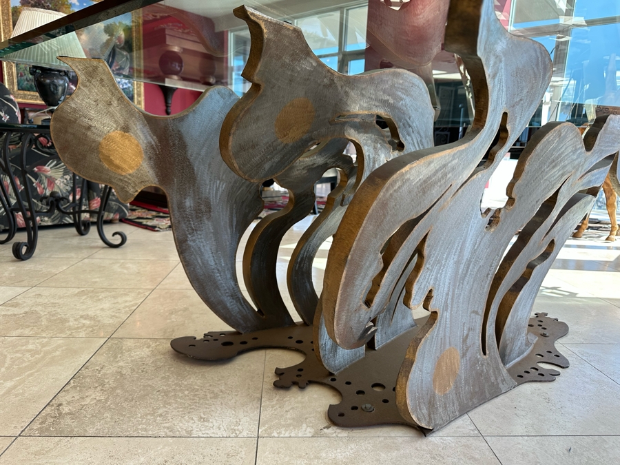 Custom Made Metal Sculptural Dining Table Base In Form Of A Wave With Glass Top (Could Be Used Outdoors As A Garden Sculpture) 60 X 90 - See Photos [Photo 16]