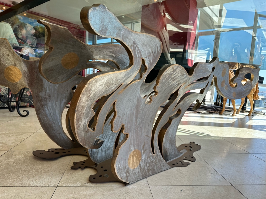 Custom Made Metal Sculptural Dining Table Base In Form Of A Wave With Glass Top (Could Be Used Outdoors As A Garden Sculpture) 60 X 90 - See Photos [Photo 14]