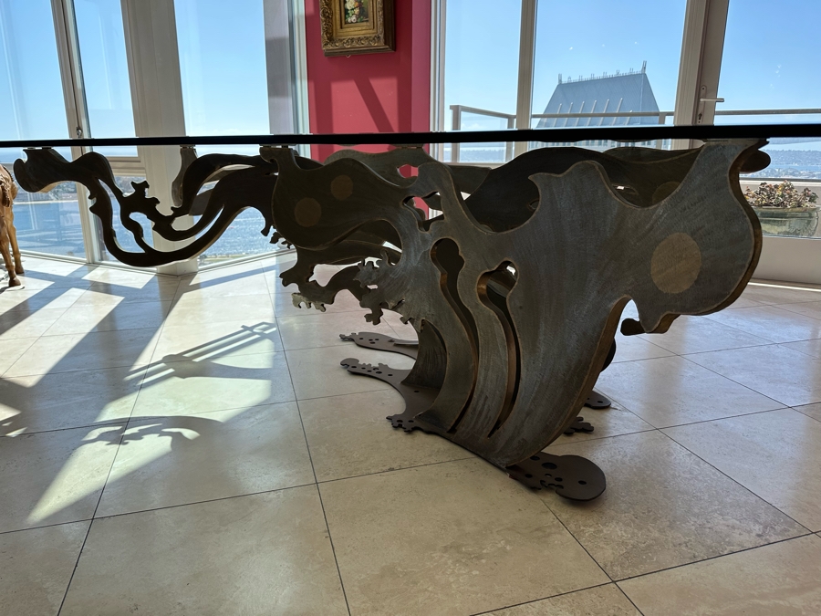 Custom Made Metal Sculptural Dining Table Base In Form Of A Wave With Glass Top (Could Be Used Outdoors As A Garden Sculpture) 60 X 90 - See Photos [Photo 19]