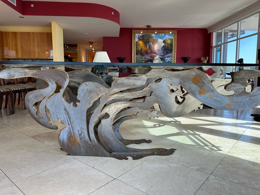 Custom Made Metal Sculptural Dining Table Base In Form Of A Wave With Glass Top (Could Be Used Outdoors As A Garden Sculpture) 60 X 90 - See Photos [Photo 4]