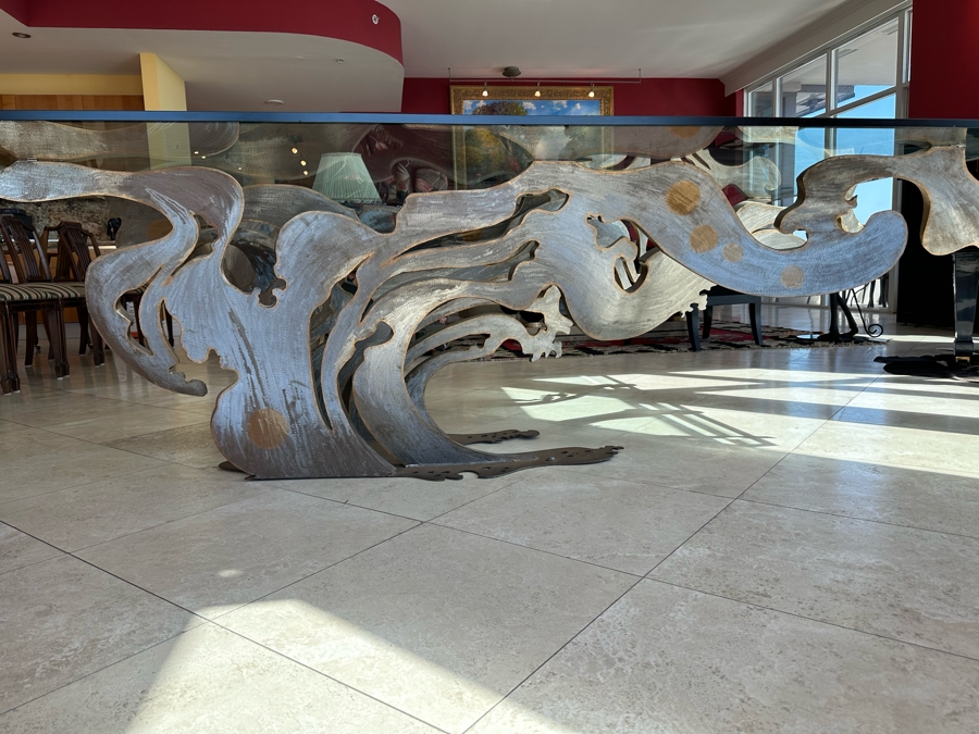 Custom Made Metal Sculptural Dining Table Base In Form Of A Wave With Glass Top (Could Be Used Outdoors As A Garden Sculpture) 60 X 90 - See Photos [Photo 7]