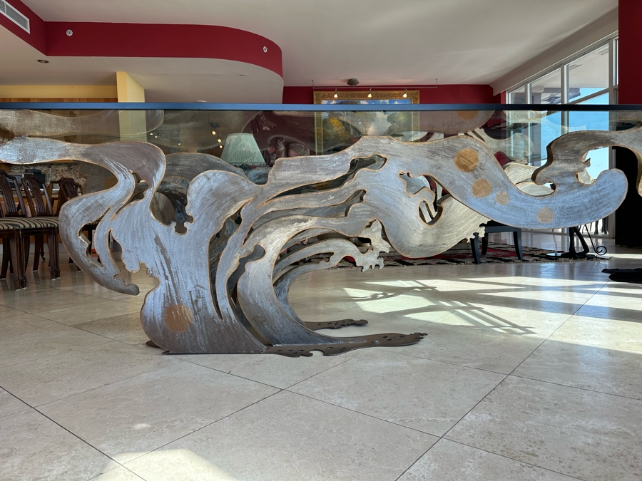Custom Made Metal Sculptural Dining Table Base In Form Of A Wave With Glass Top (Could Be Used Outdoors As A Garden Sculpture) 60 X 90 - See Photos [Photo 2]
