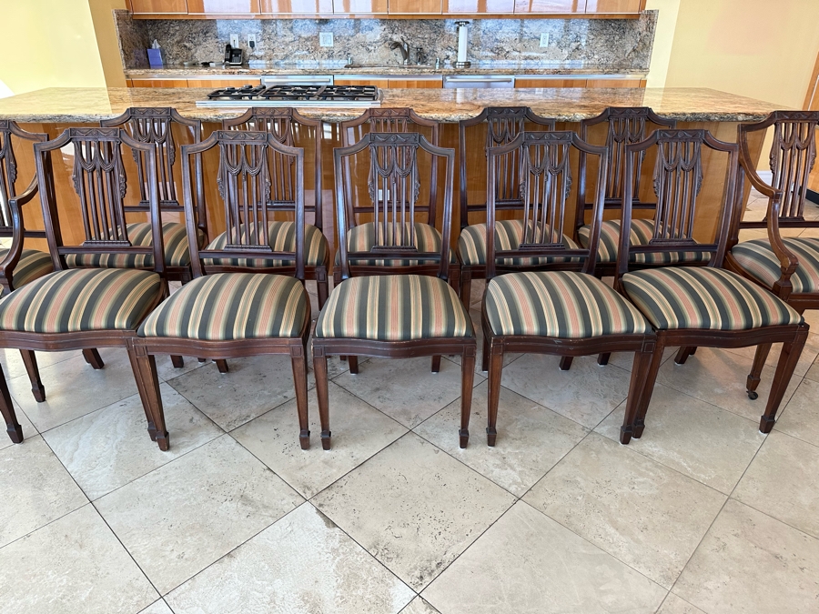 Set Of Twelve Elegantly Carved Mahogany Formal Dining Chairs (Two Are Armchairs)